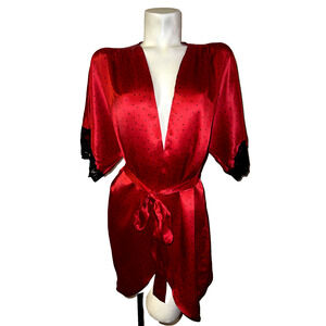 VICTORIA'S SECRET Lingerie Sz O/S Red Black Silk Strap Tie Belt Robe w/Lace Trim